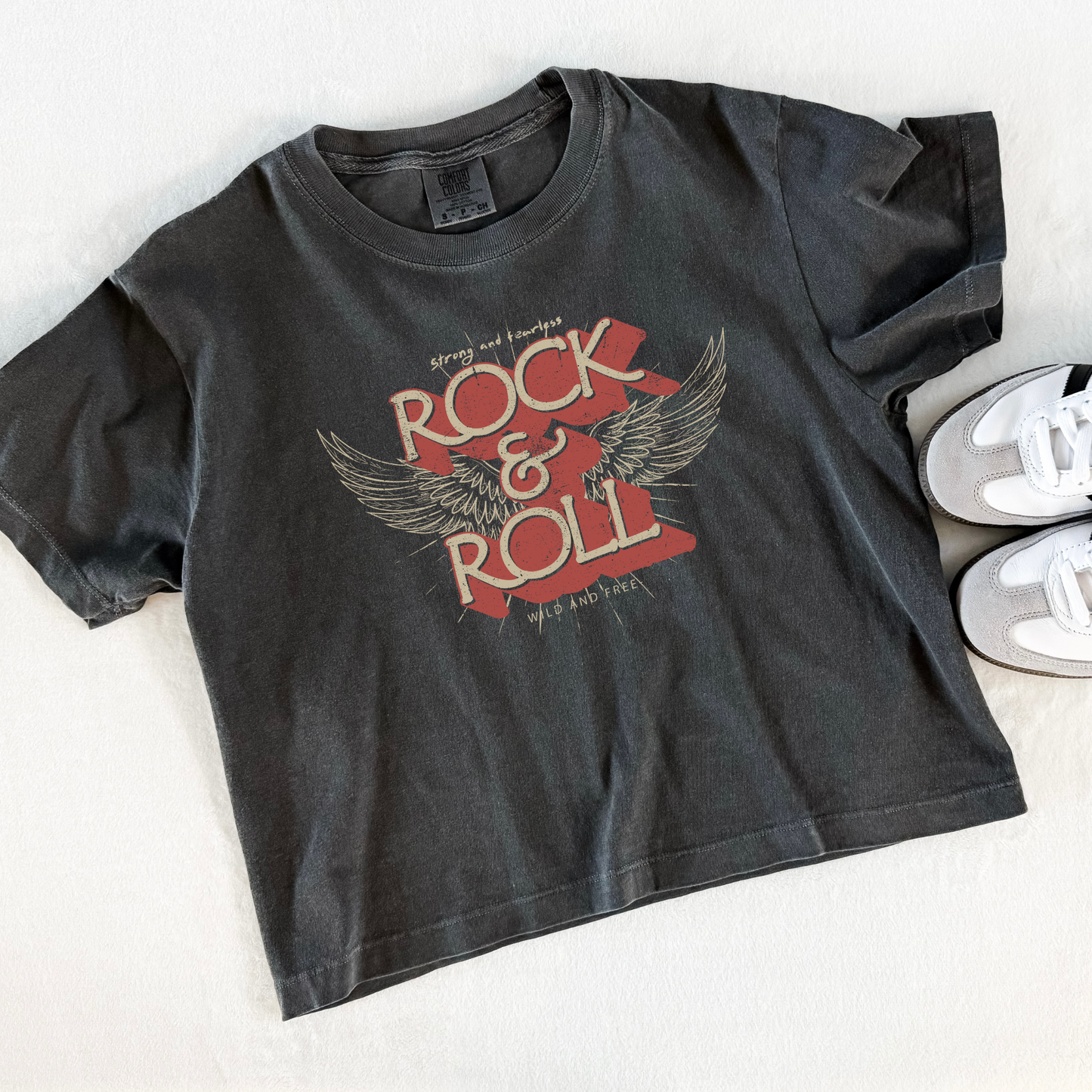 Rock & Roll Graphic Cropped Tee – Vintage Wash Boxy T-Shirt