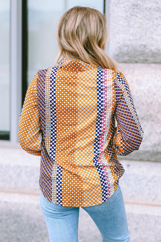 Brown Dot Print Long Sleeve Button Down Shift PLUS Shirt