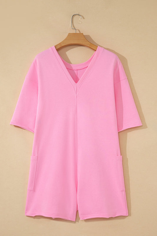 Solid Raw Edge Short Sleeve Pocketed Romper