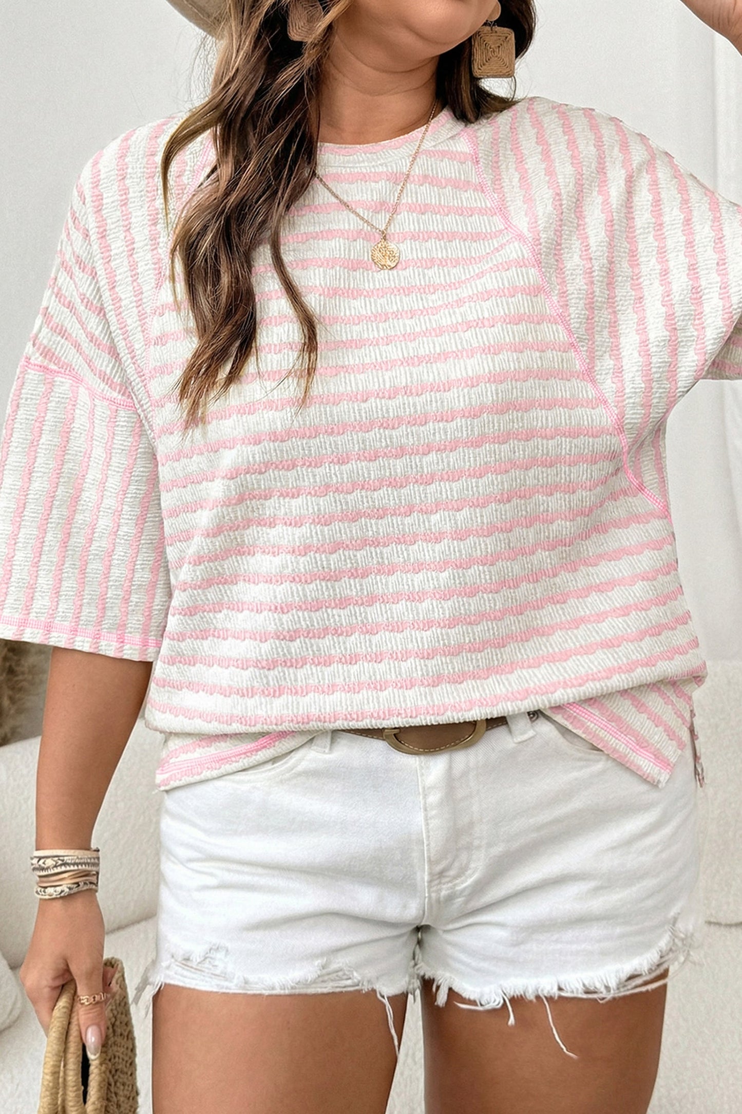 Plus Size Stripe Textured Patchwork 3/4 Sleeve Top