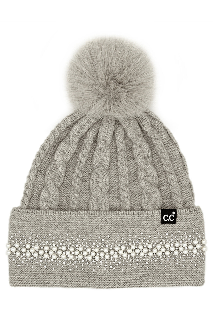 C.C Pearl Rhinestone Embellishment Beanie with Fur Pom