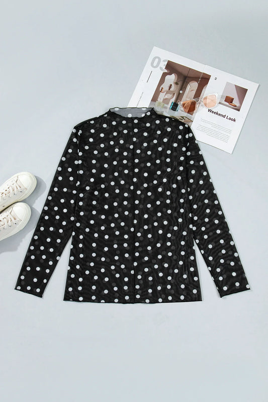 Plus Size Polka Dot Mesh Mock Neck Top