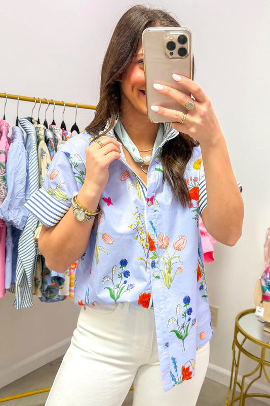 Floral Stripe Patchwork Ruffled Collar Shirt