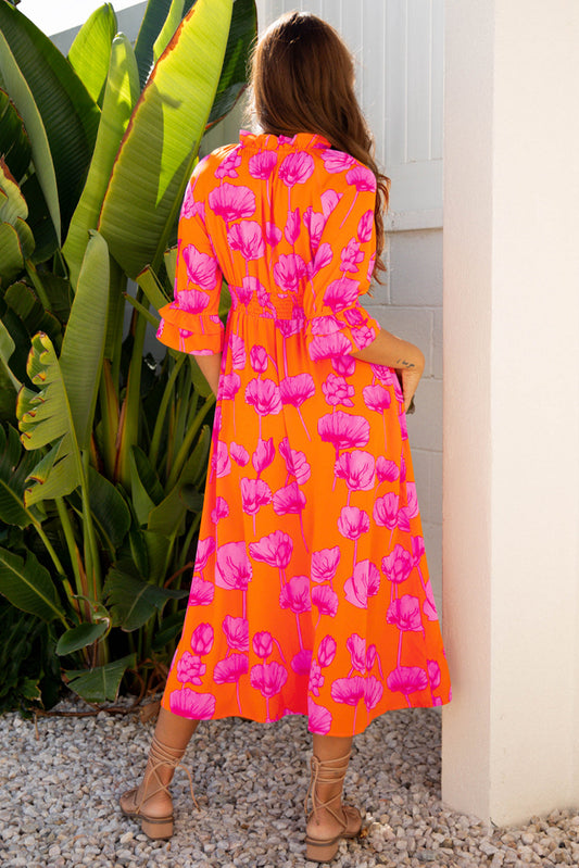 Floral Frilly Smocked V-Neck Maxi Dress