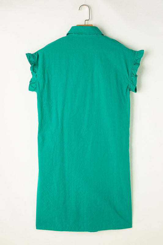 Solid Shirred Ruffle Sleeve Buttoned Mini Dress