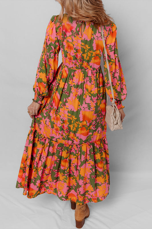 Floral Puff Sleeve Smocked Ruffle Maxi Dress