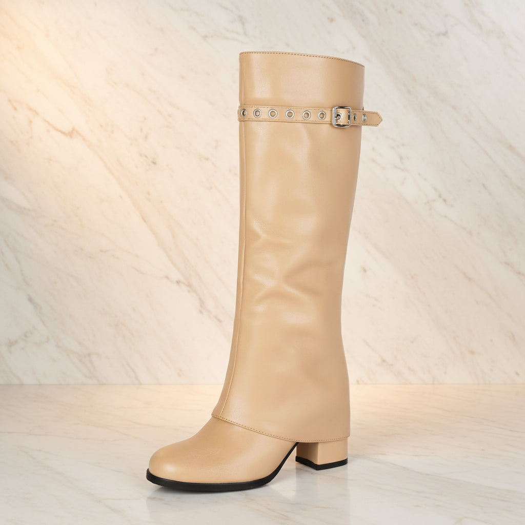 Women's Tall Knee-High Boots – Eyelet Buckle Strap Chunky Heel Slip-On