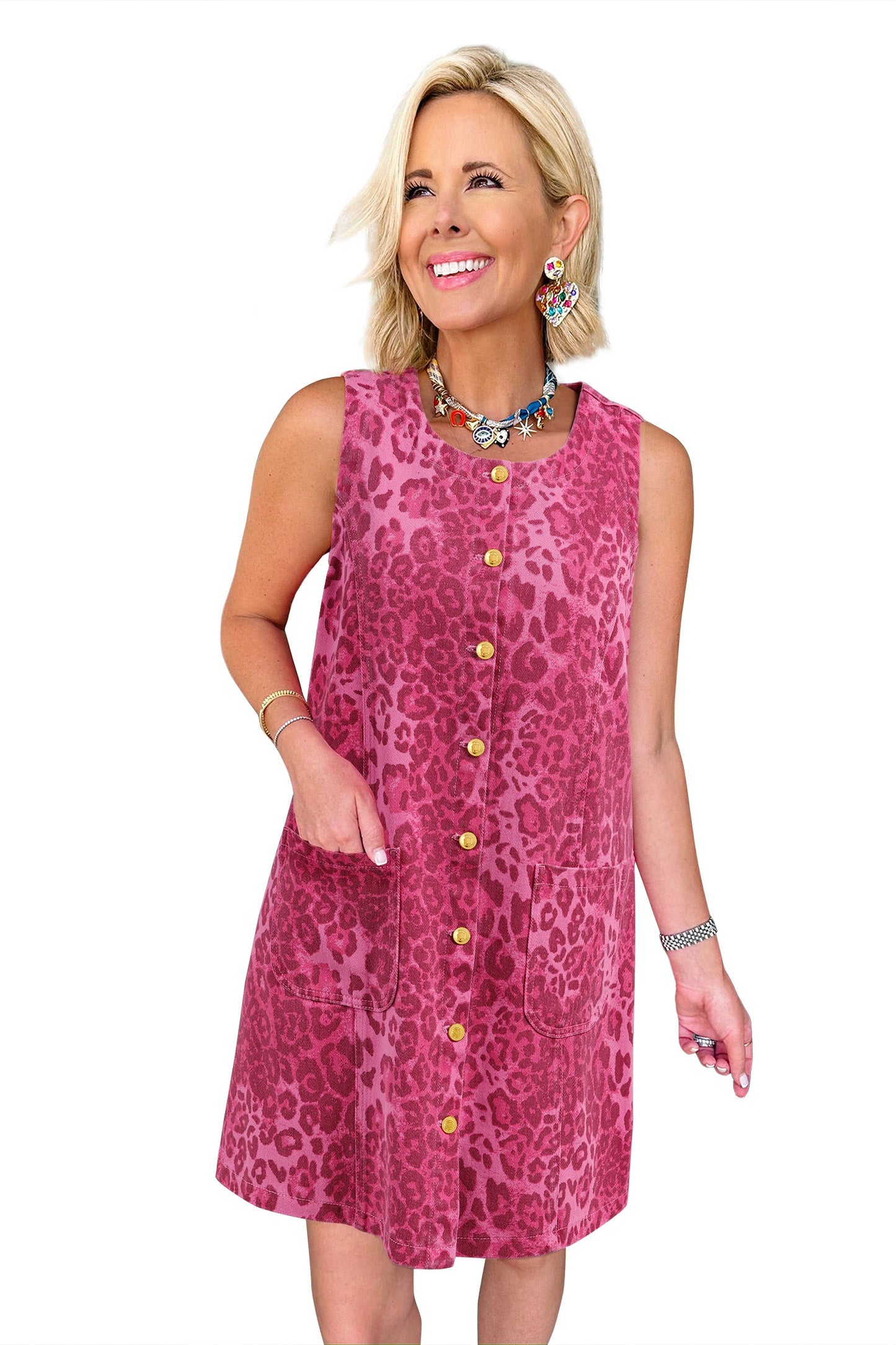 Leopard Denim Buttoned Sleeveless Dress