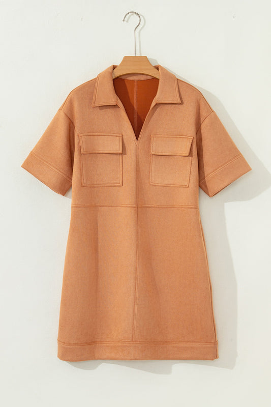 Faux Suede Collared V-Neck Short Sleeve Dress