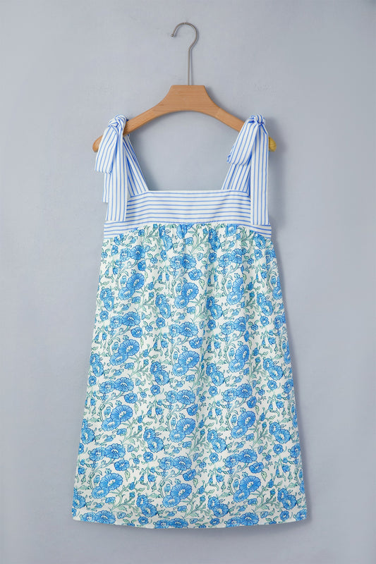 Floral Stripe Patchwork Bow Tie Strap Dress