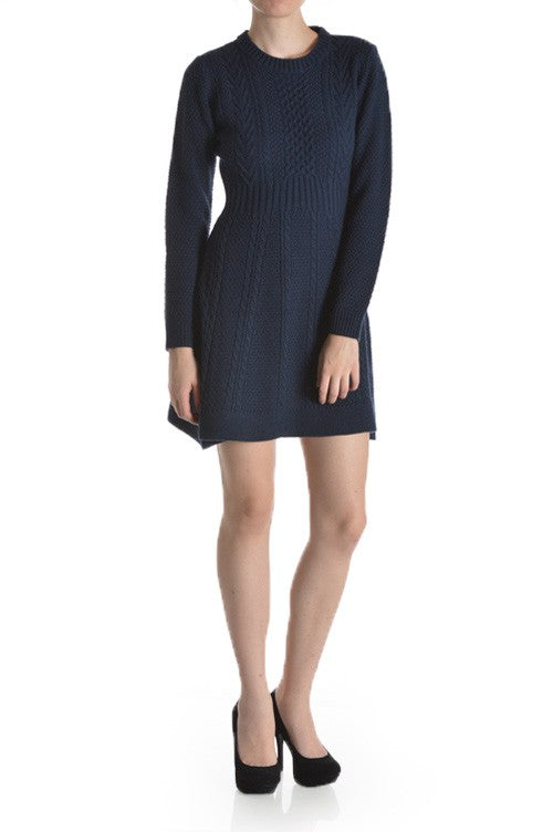 Cable Knit Round Neck Long Sleeves Flare Dress