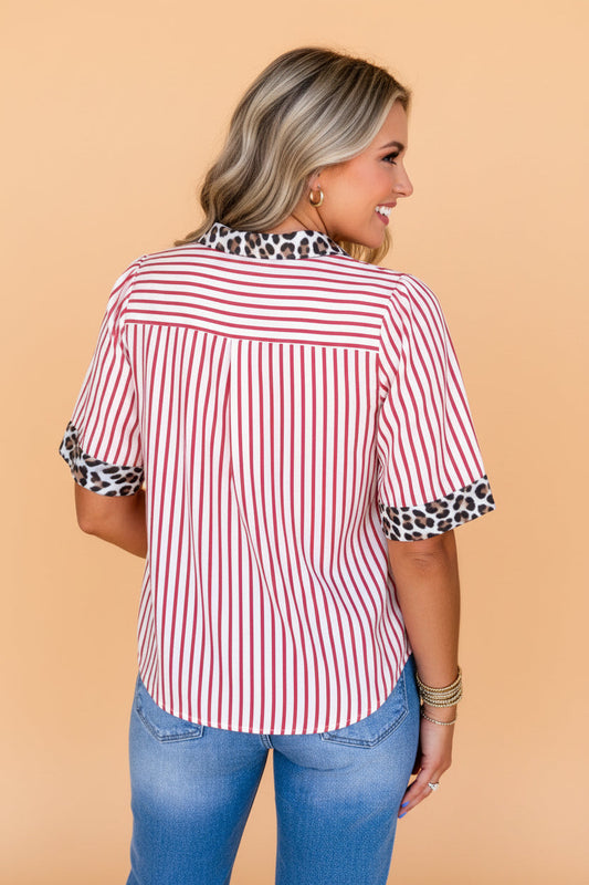 Stripe Leopard Contrast Trim Collared Blouse