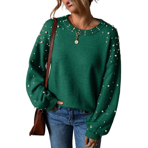 PEARLED DROP SHOULDER ROUND NECK SWEATER | MODERN EMPORIUM