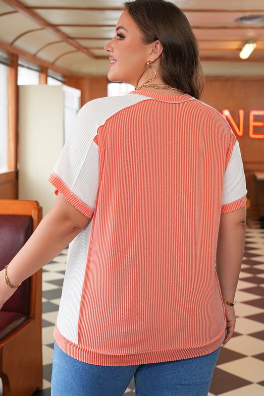 Plus Size Colorblock Corded Knit Crewneck Top