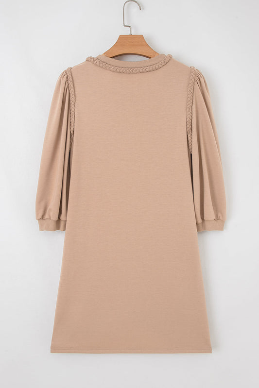 Solid Braided Trim Puff Sleeve Dress