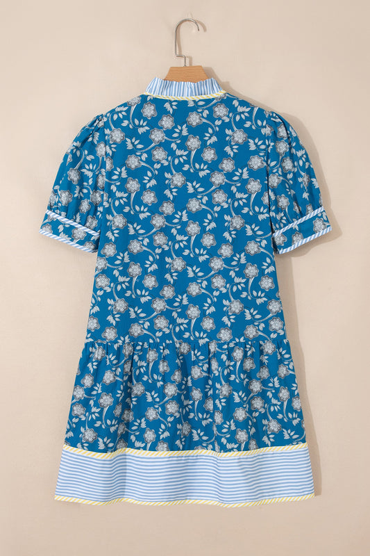 Floral Ruffle Stripe Trim Short Sleeve Buttoned Dress