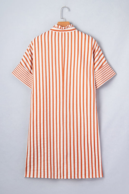 Stripe Pleated Frilled V-Neck Mini Dress