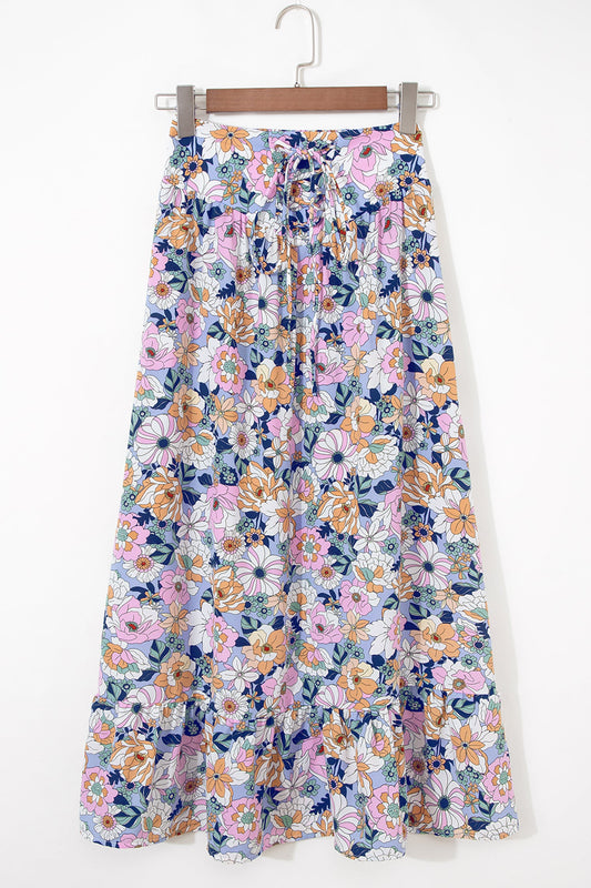Floral Lace Up High Waist Ruffle Maxi Skirt