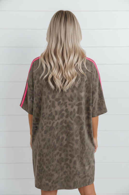 Leopard Contrast Stripe Mini T-Shirt Dress w/ Pockets