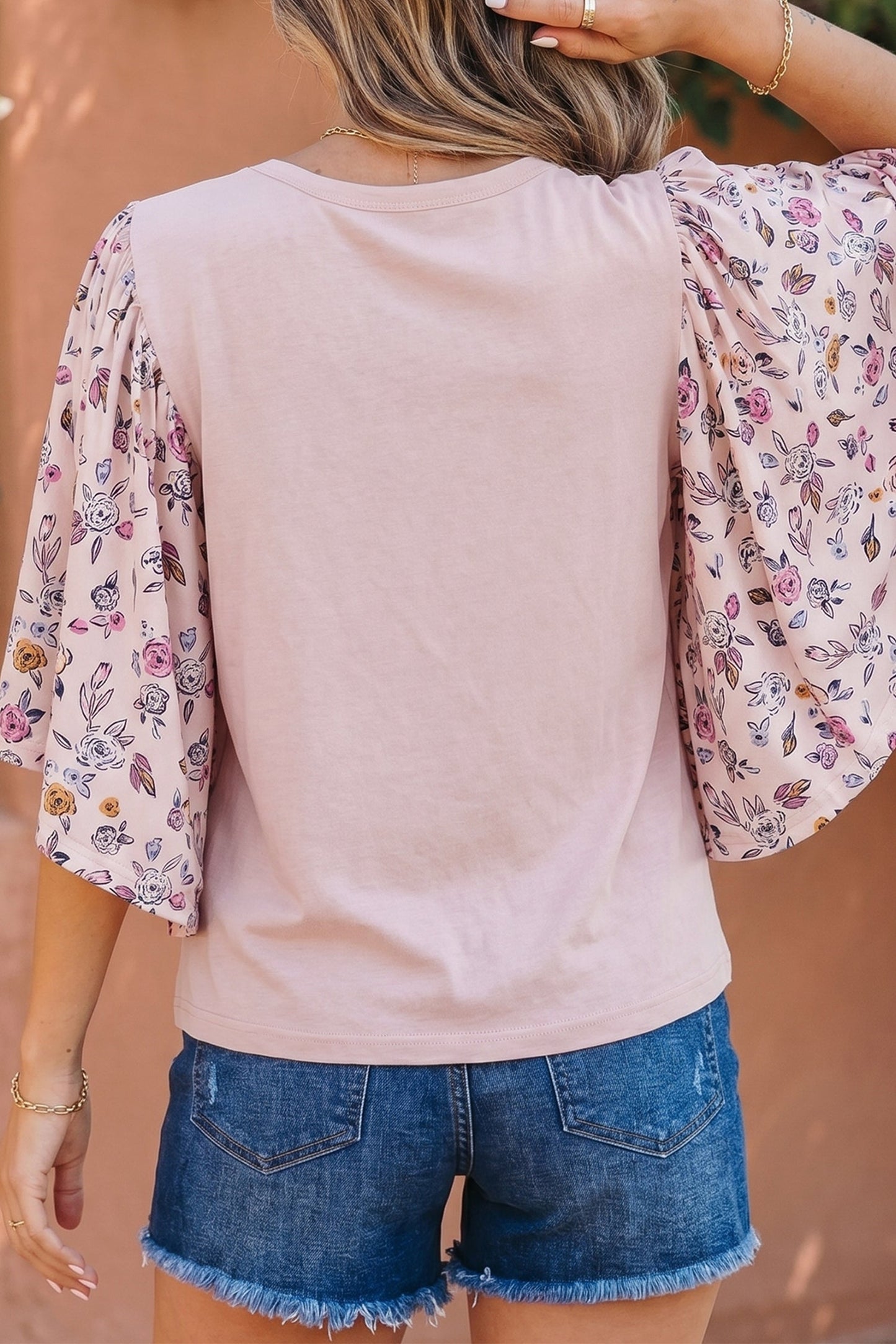 Floral Contrast Patchwork Flowy 3/4 Sleeve Blouse