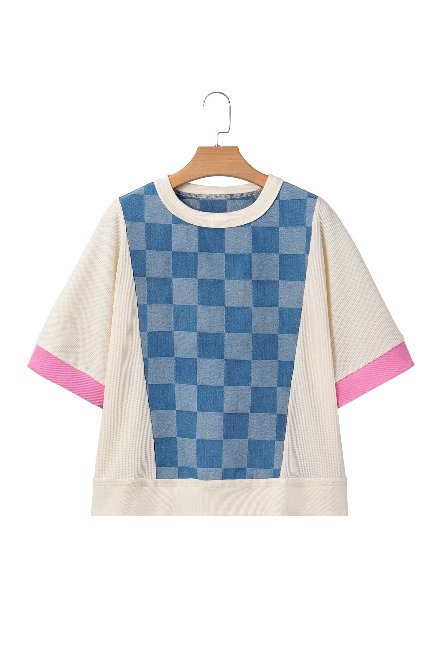 Checker Denim Patchwork Short Sleeve Loose Top