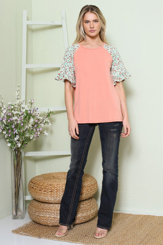 Solid Floral Short Sleeve Contrast Top