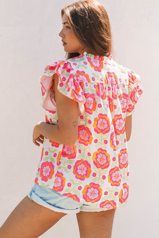 Floral Ricrac Trim Ruffle Sleeve Blouse