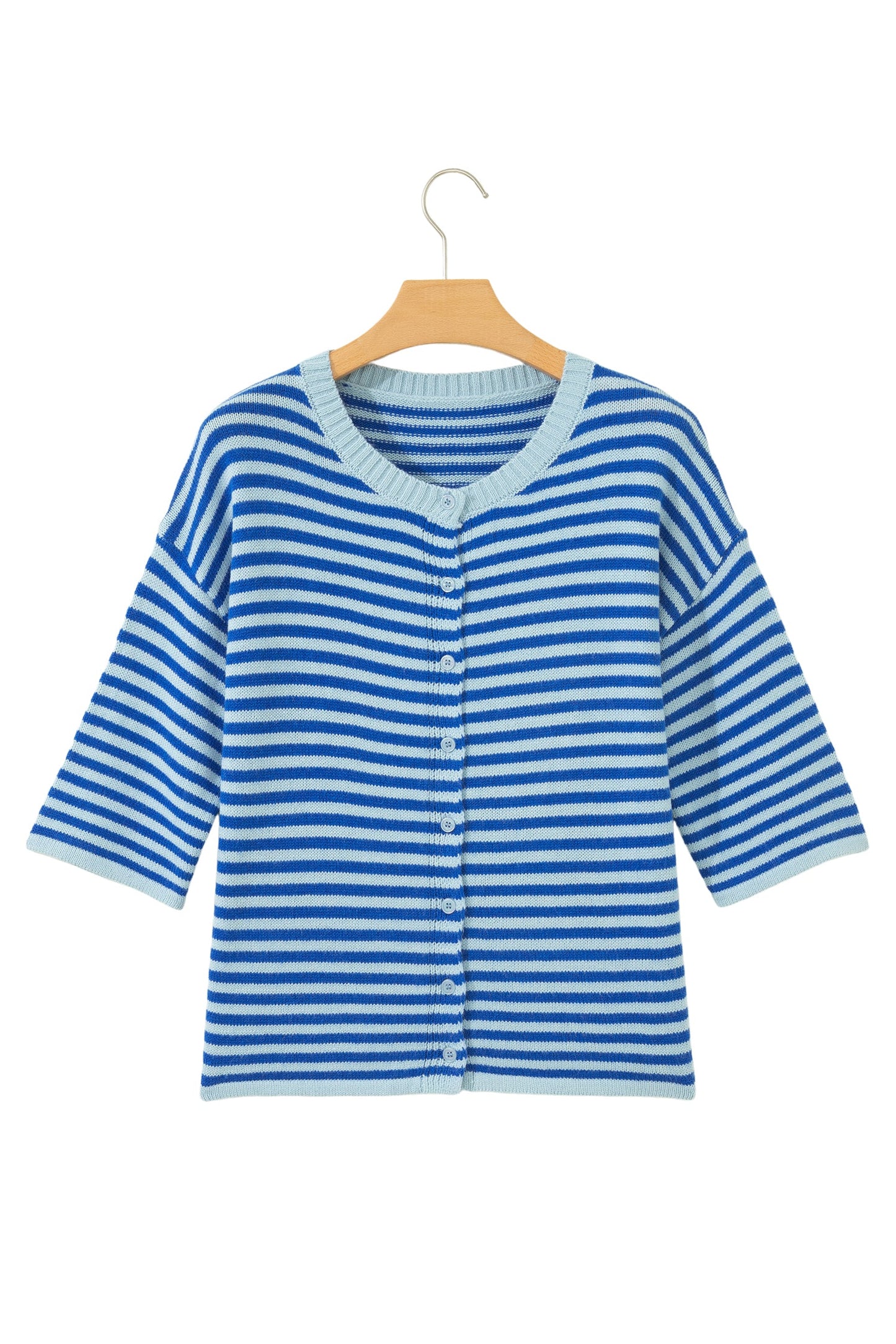 Stripe 3/4 Sleeve Button Down Knit Cardigan