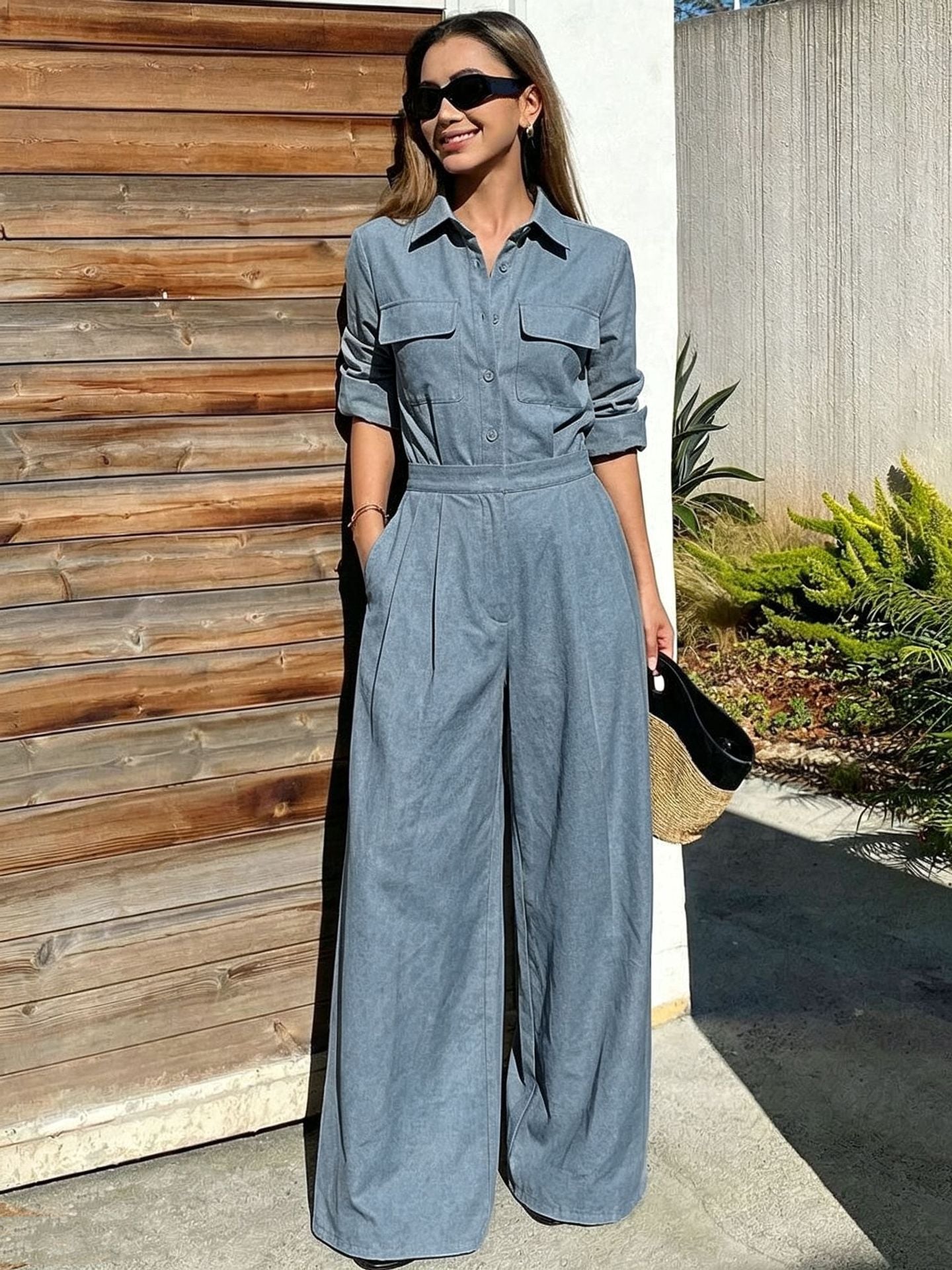 Women's Collar Long Sleeve Jumpsuit – Loose Fit Full Length