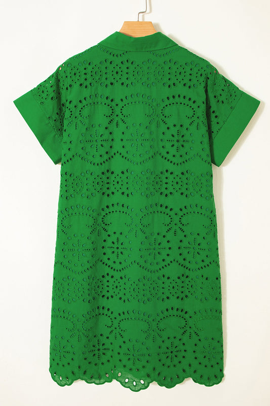 Solid Embroidered Eyelet Collared V-Neck Mini Dress