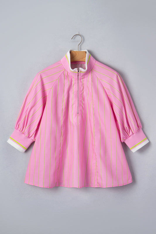 Stripe Half Zip Collared 3/4 Sleeve Blouse