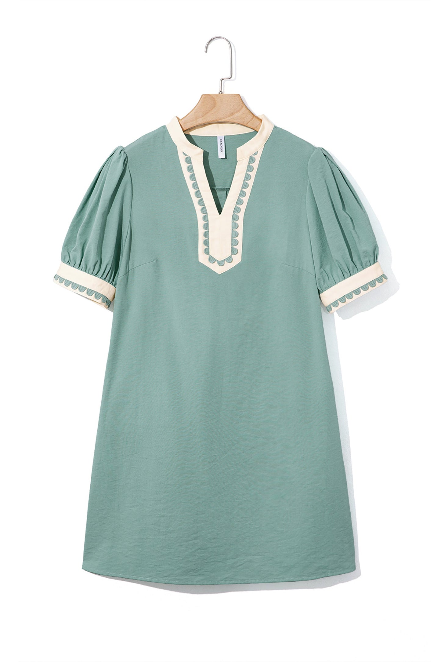 Scallop Trim Colorblock Puff Sleeve Mini Dress