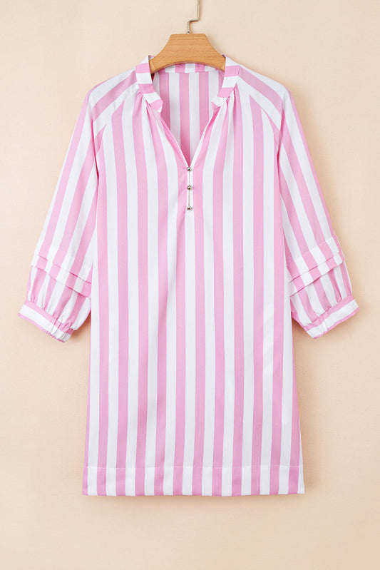Stripe 3/4 Sleeve Buttoned V-Neck Mini Dress