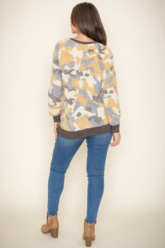 Camo Raglan V Stitch Brushed Pullover | Modern Boutique Fashion