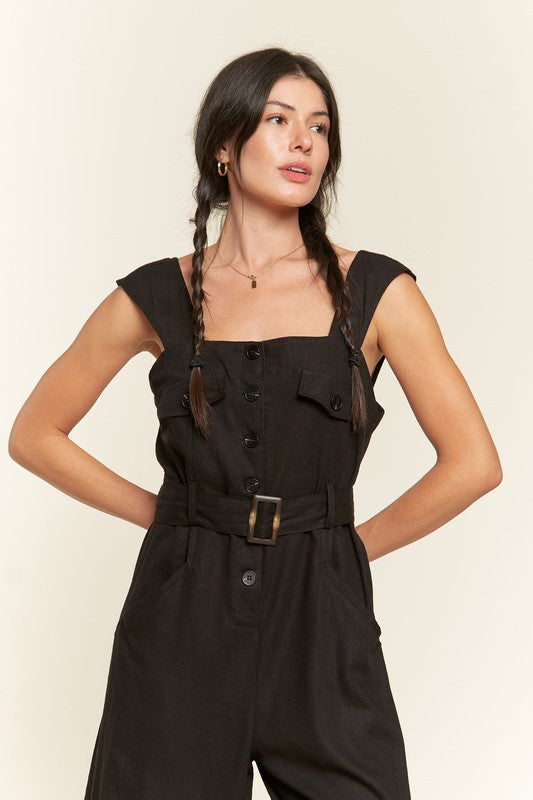 Sleeveless Square Neck Button Down Ankle Jumpsuit | Modern Boutique Fashion