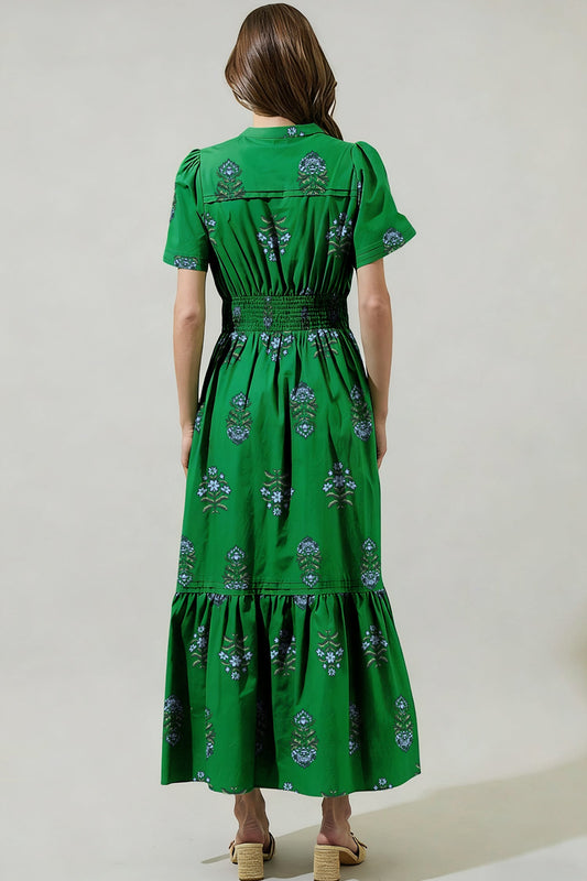 Floral Split Neck Shirred High Waist Maxi Dress