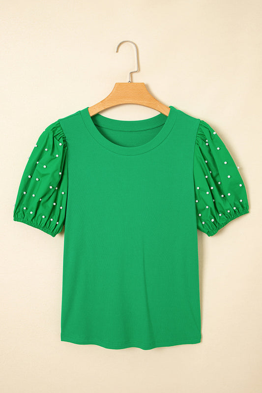 Pearl Beaded Puff Sleeve Ribbed Knit Top