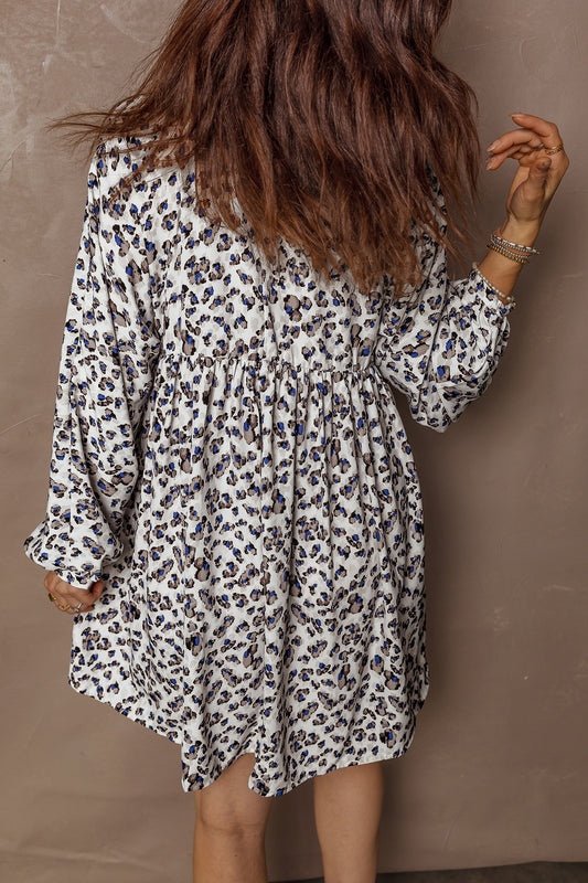 Leopard Buttoned V-Neck Long Sleeve Mini Dress