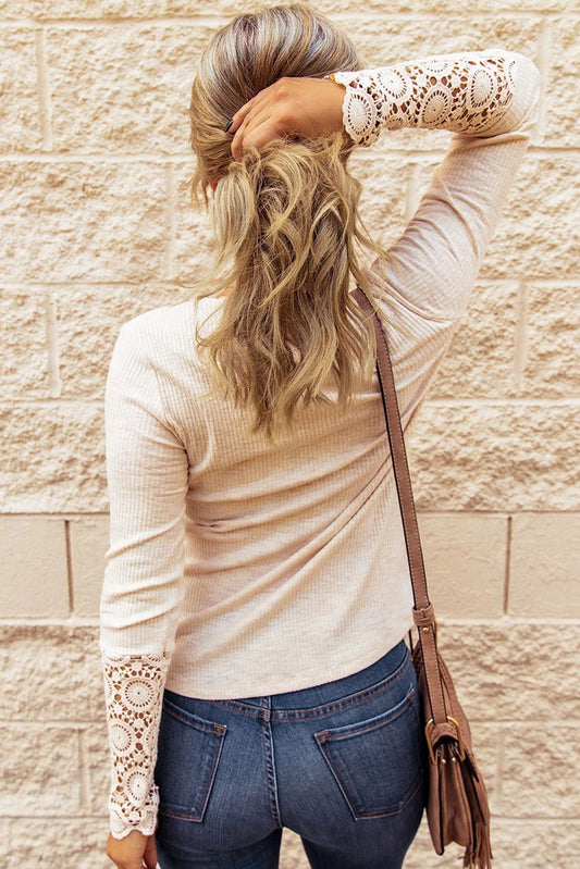 Crochet Lace Hem Sleeve Half-Button Top