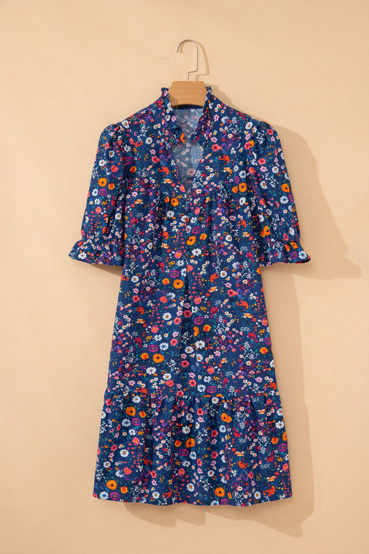 Floral Split Neck Puff Sleeve Mini Dress