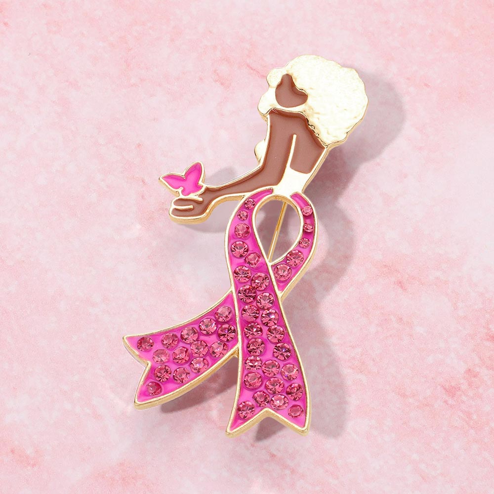 Stone Paved Pink Ribbon Enamel Afro Woman Pin Brooch