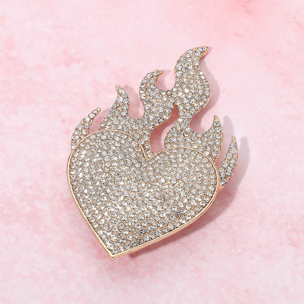 Rhinestone Pave Flame Heart Pin Brooch