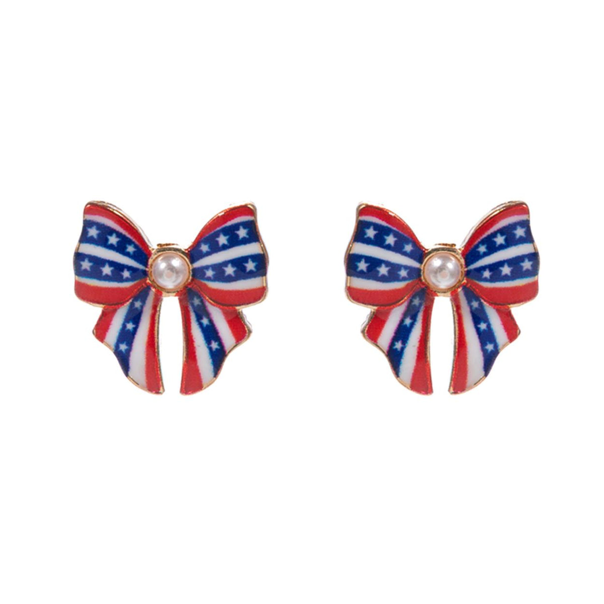 Patriotic Pearl Pointed Enamel American USA Flag Bow Stud Earrings
