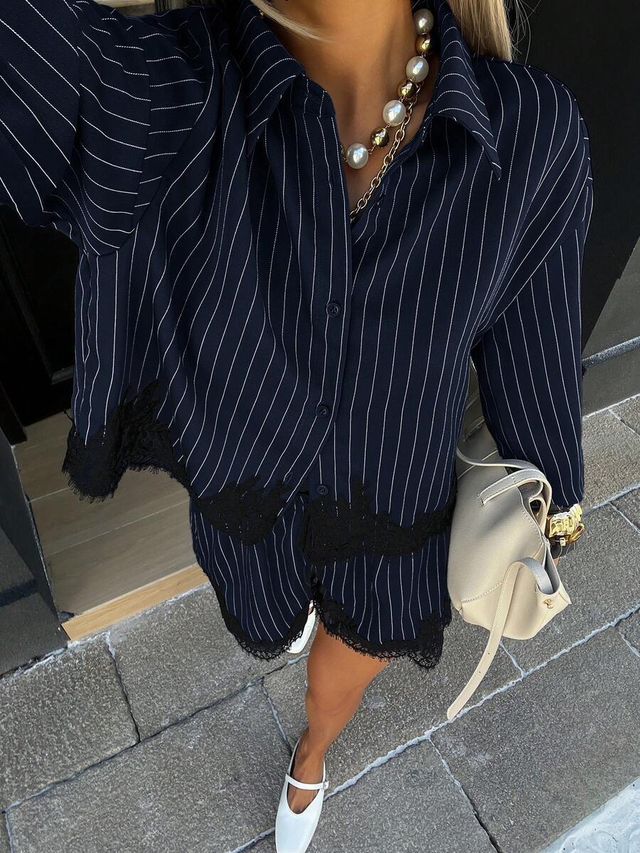 Women's Striped Lace Trim Shirt & Drawstring Shorts Set – 2-Piece Matching Set
