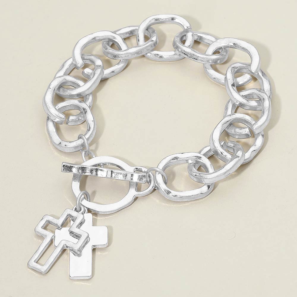 Hammered Layered Cross Charm Chunky Chain Toggle Bracelet