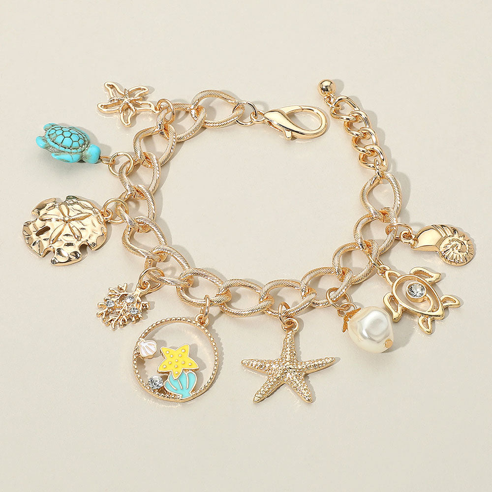 Starfish Sea Turtle Sea Shell Pearl Charm Station Bracelet