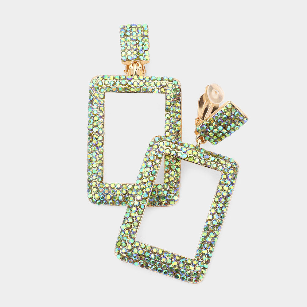Rhinestone Embellished Open Rectangle Dangle Evening Earrings