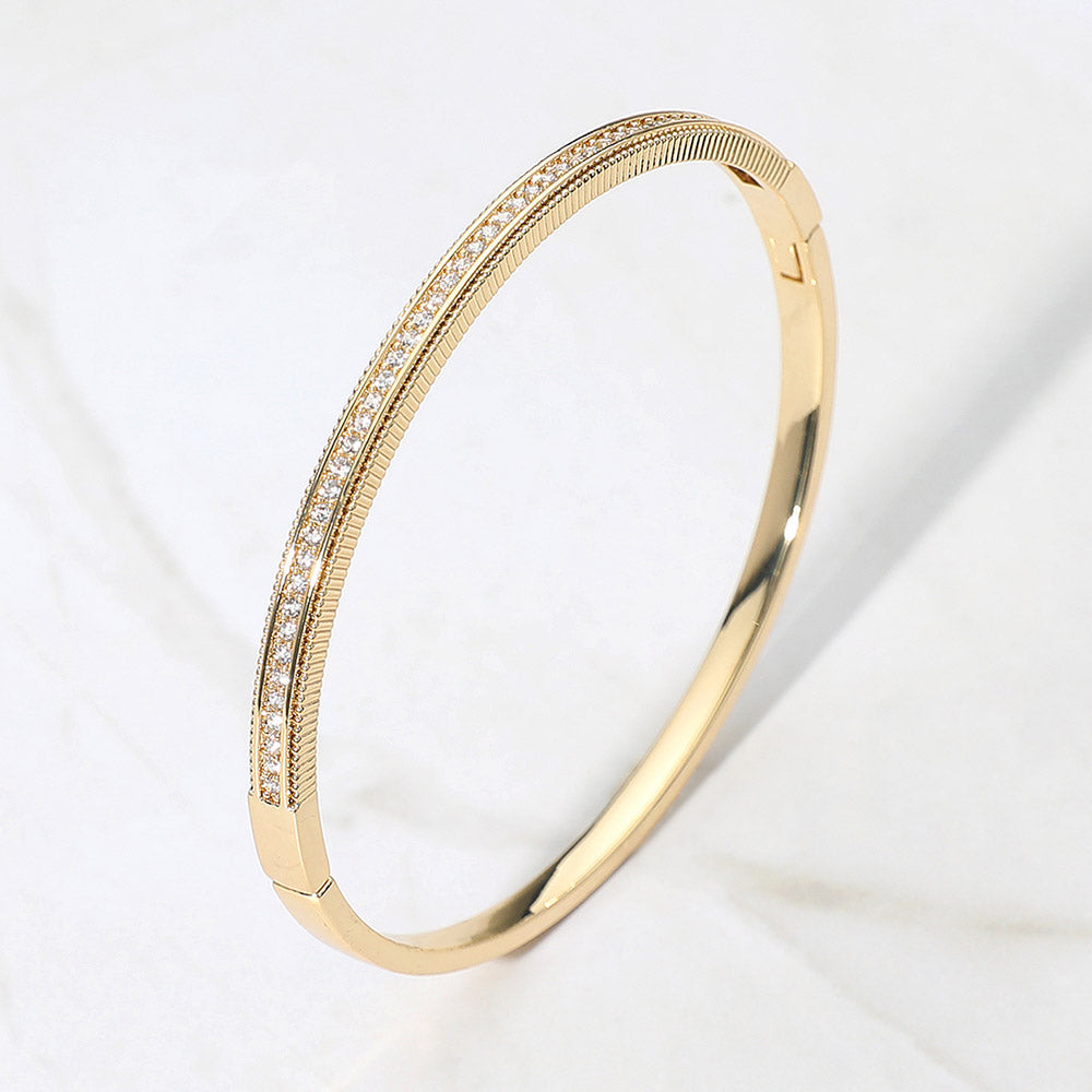 18K Gold Dipped Slim Rhinestone Accent Hinged Bangle Bracelet