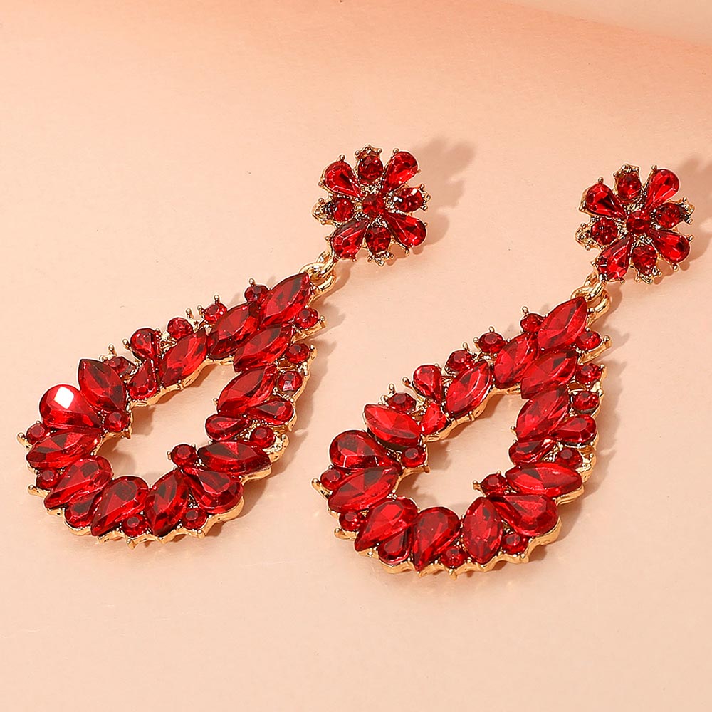 Floral Marquise Teardrop Stone Cluster Accent Dangle Evening Earrings