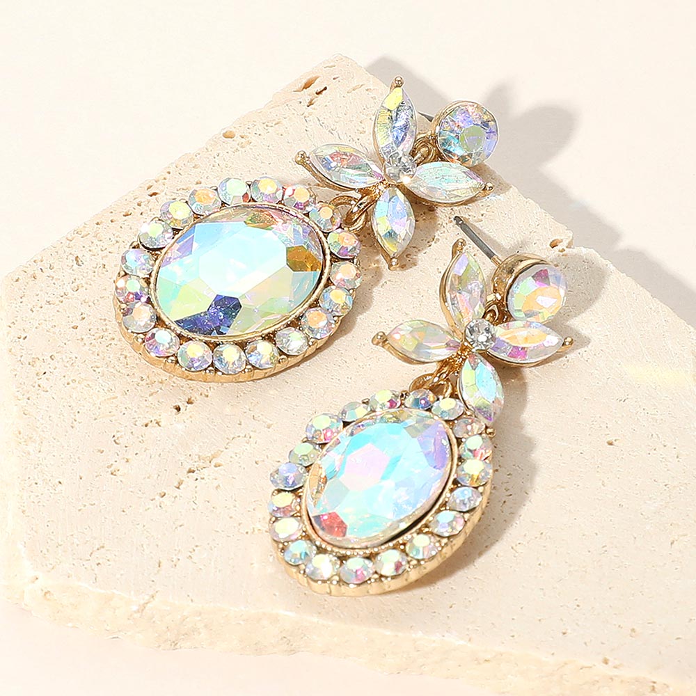 Oval Flower Crystal Evening Earrings